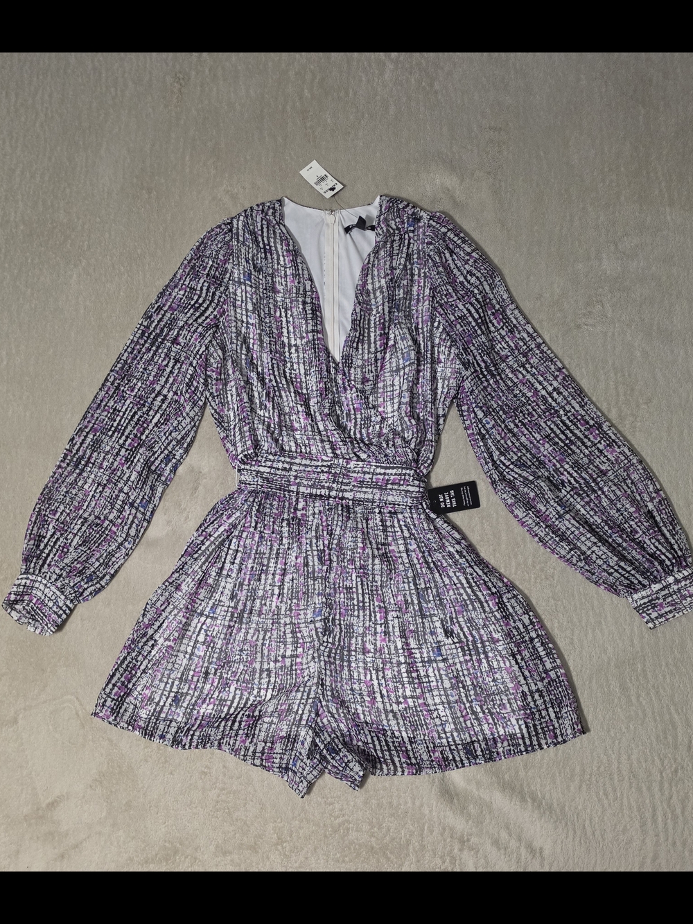 Express Purple Printed Long Sleeve Romper with Smocked Waist